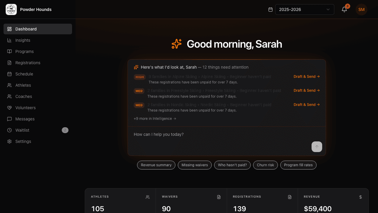 W110 admin dashboard — AI morning briefing with action items and club metrics